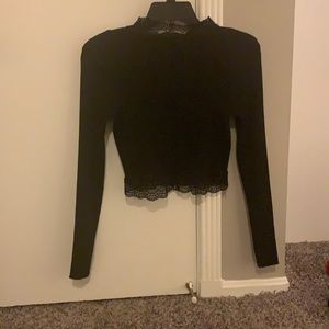 Black Ribbed Crop Top with Lace Trim from Almost Famous size L